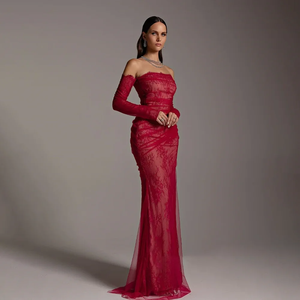 Vestidos de fiesta de encaje elegantes para mujer, elegantes apliques plisados, vestidos de fiesta de sirena, corsé trasero a la moda, vestidos de noche hasta el suelo