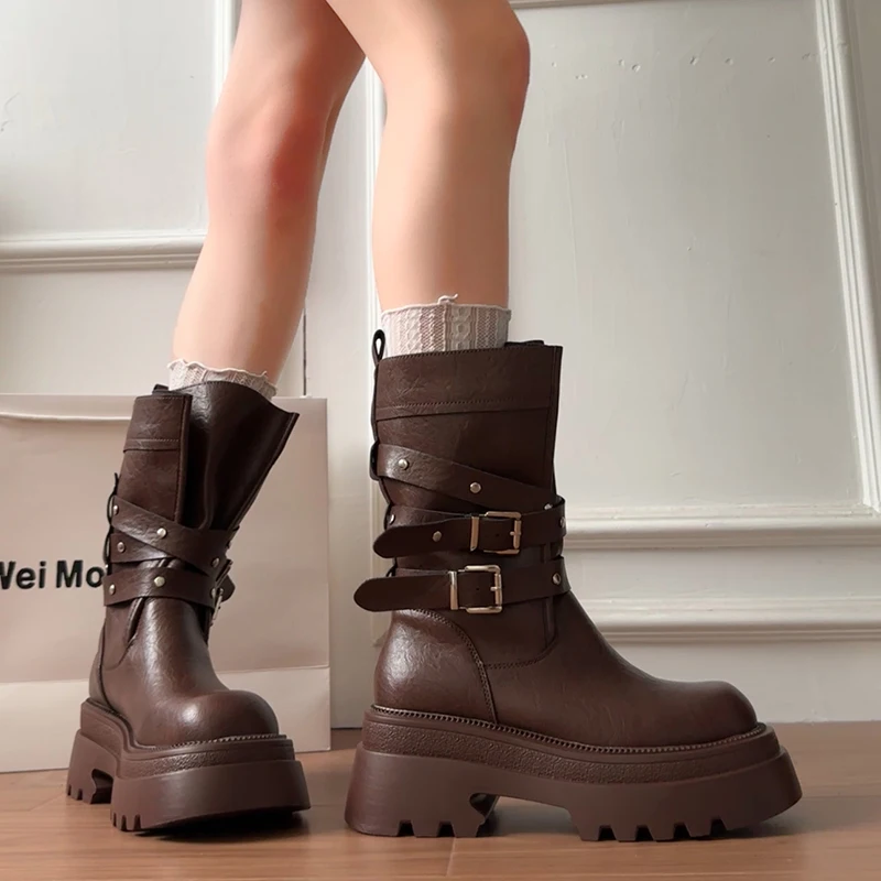 Lined Warm Women Platform Mid Calf Boots Multi Buckle Strap Faux Leather Shoes Casual Autumn Thick Sole Motorcycle Boots