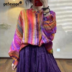 Women's Vintage Rainbow Striped Print Button Up Shirt Female Stand Collar Long Sleeve Blouse Fashion Casual Loose All Match Tops