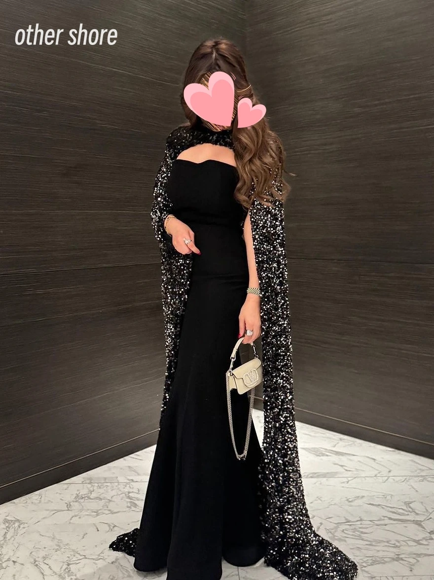 Other Shore Elegant Vintage Sexy Black Mermaid Sequins Shiny Cape Customize Formal Occasion Prom Dress Evening Party Gowns