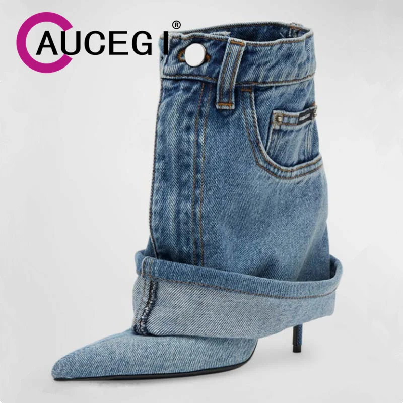 Aucegi New Design Women's Denim Plus size 34-43 Pointed Toe Ankle Pants Boots Thin High Heels Tooling Style Party Handmade Shoes