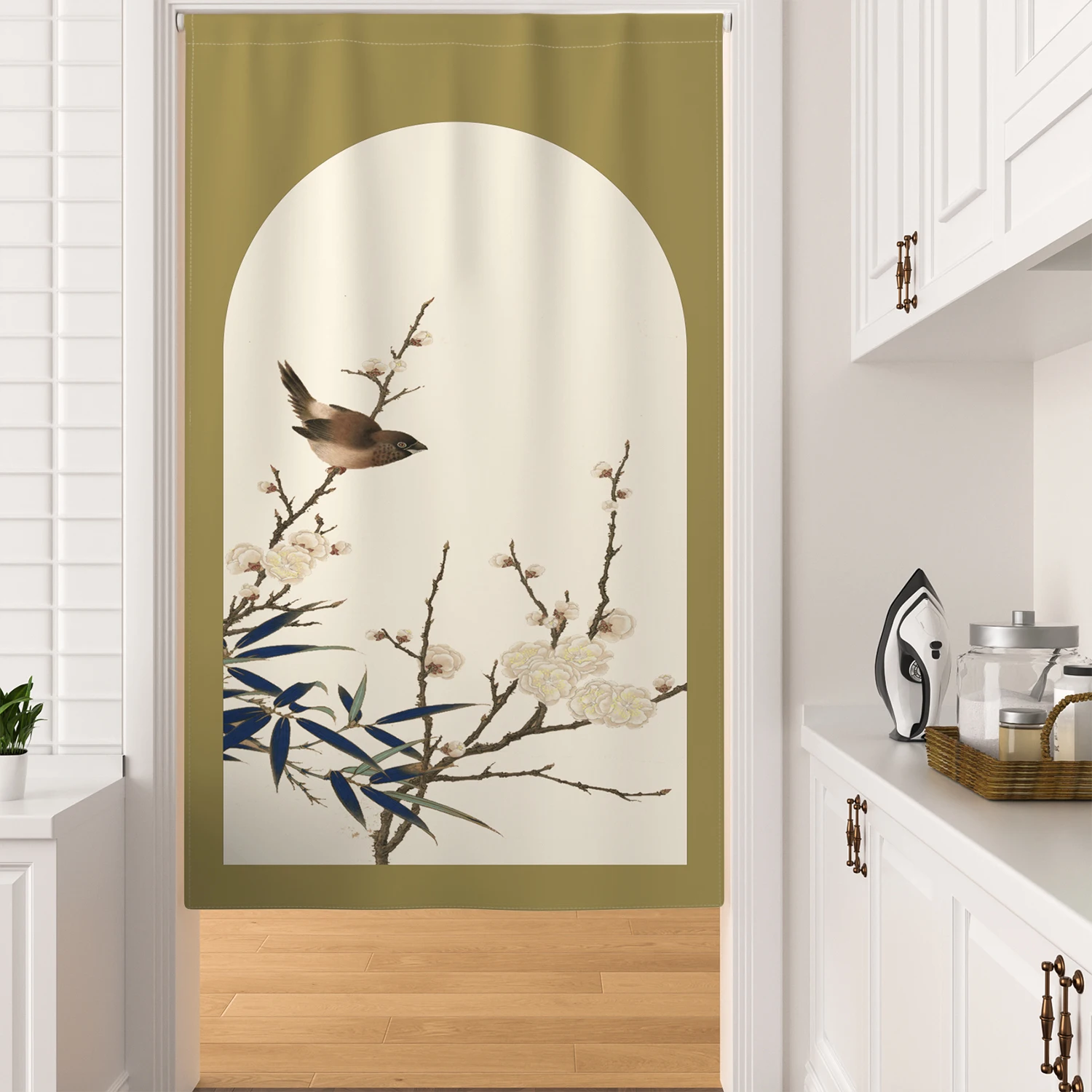 Chinese Style Noren Door Curtain Flower Bird Painting Elegant Home Decoration for Tea Room Traditional Ink Wash Art Room Divider