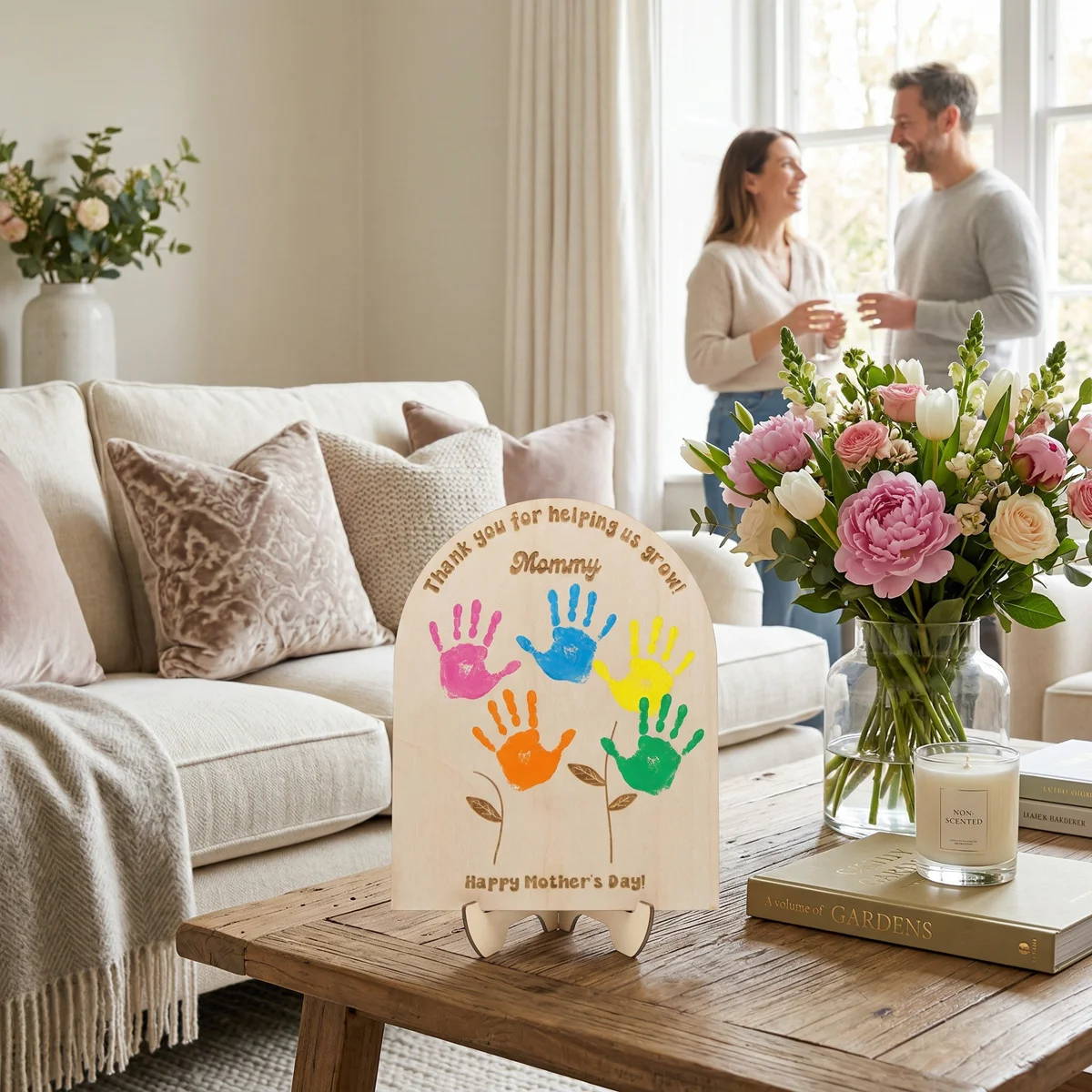 1pcs Thank You Mommy Wooden Sign with Stand Footprint Handprint Branches Pattern Centerpiece Gift for Mother's Day