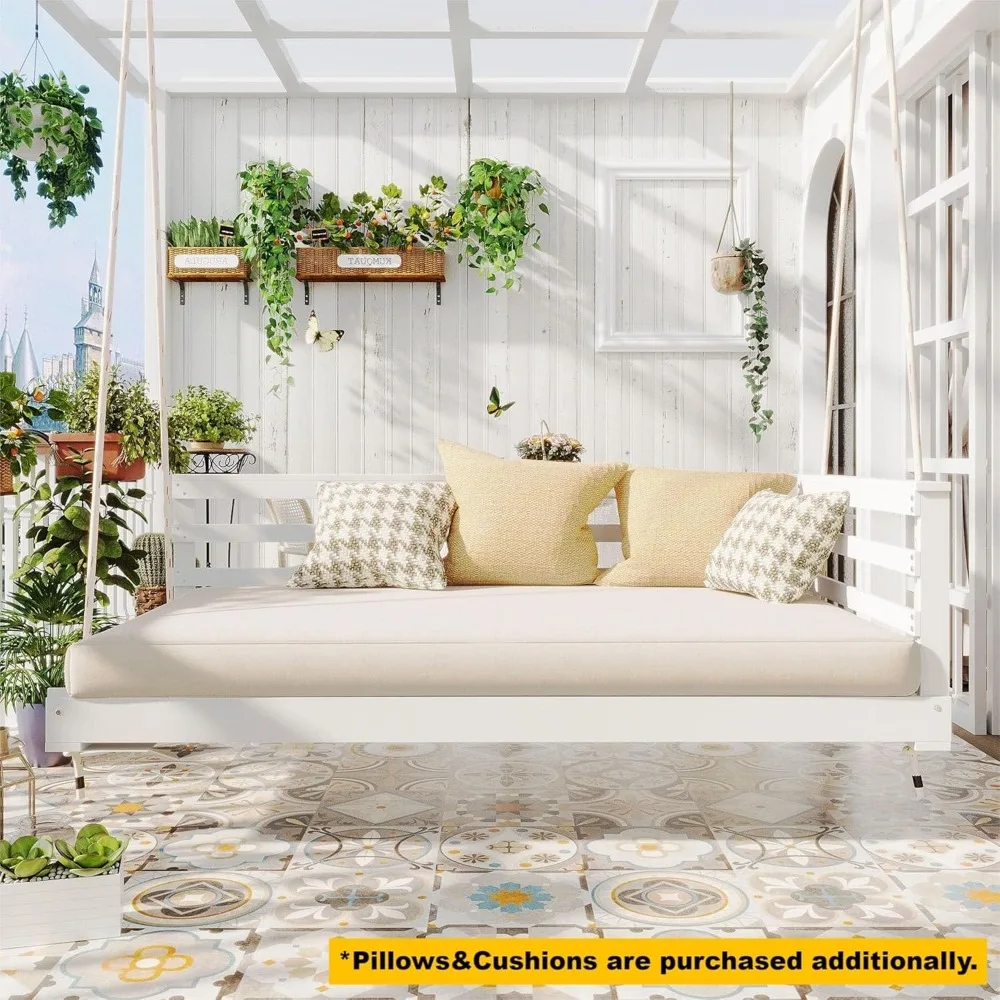 سرير أرجوحة للشرفة الخارجية مع حبال من القنب، سرير معلق من خشب السنط للفناء، سعة 350 رطل، تصميم بسيط مفتوح الجانب للفناء،