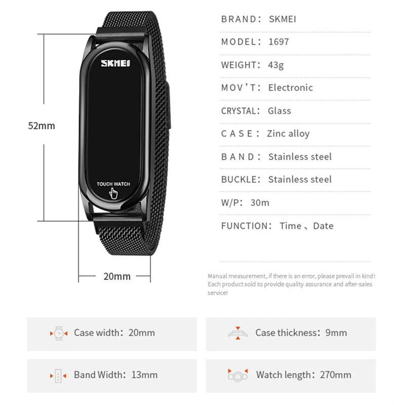SKMEI นาฬิกาข้อมือสำหรับผู้หญิง, Jam Tangan Digital แฟชั่นสุดหรูสำหรับกันน้ำสำหรับผู้หญิงหน้าจอสัมผัส LED