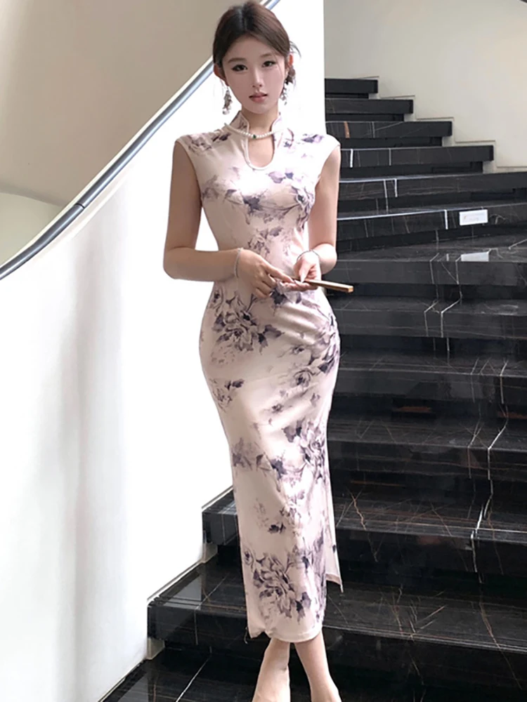 

Женское платье Cheongsam с коротким рукавом и воротником-стойкой с принтом, летнее плиссированное облегающее роскошное вечернее платье 2025 года, корейское винтажное платье для выпускного вечера