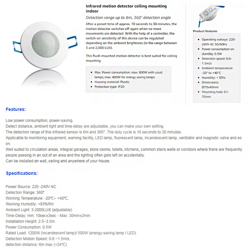 AC 220V-240V LED PIR Infrared Detector IR Infrared Motion Sensor Switch Adjustable Time Delay Switch for Home Lighting Induction