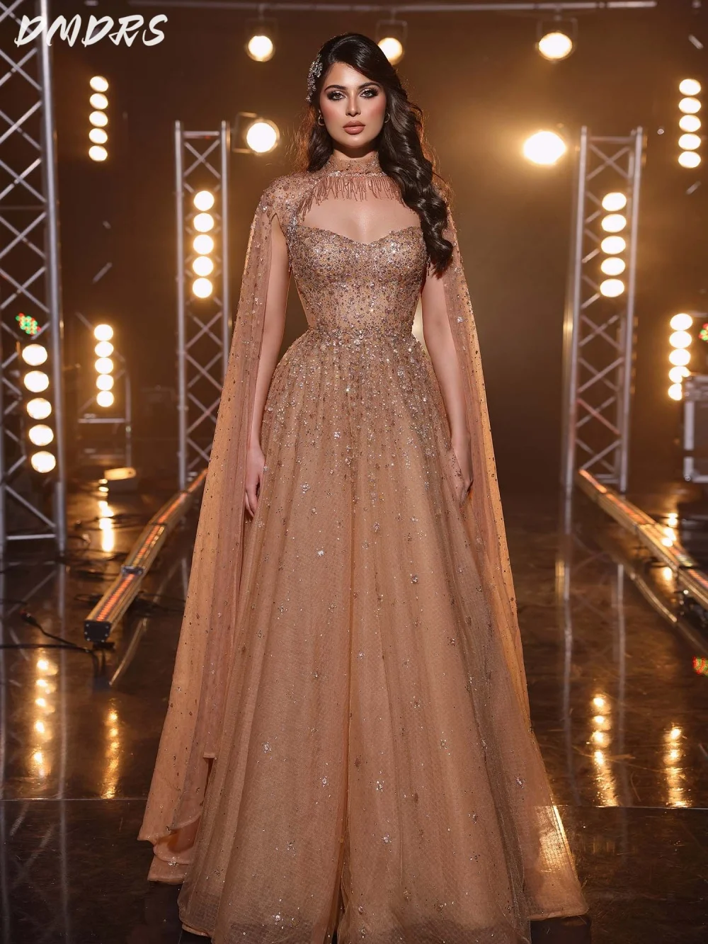 

Luxurious Sleeveless Prom Dress 2025 Formal A-line Evening Dress Charming Cape Beaded Floor-Length Gown Customized