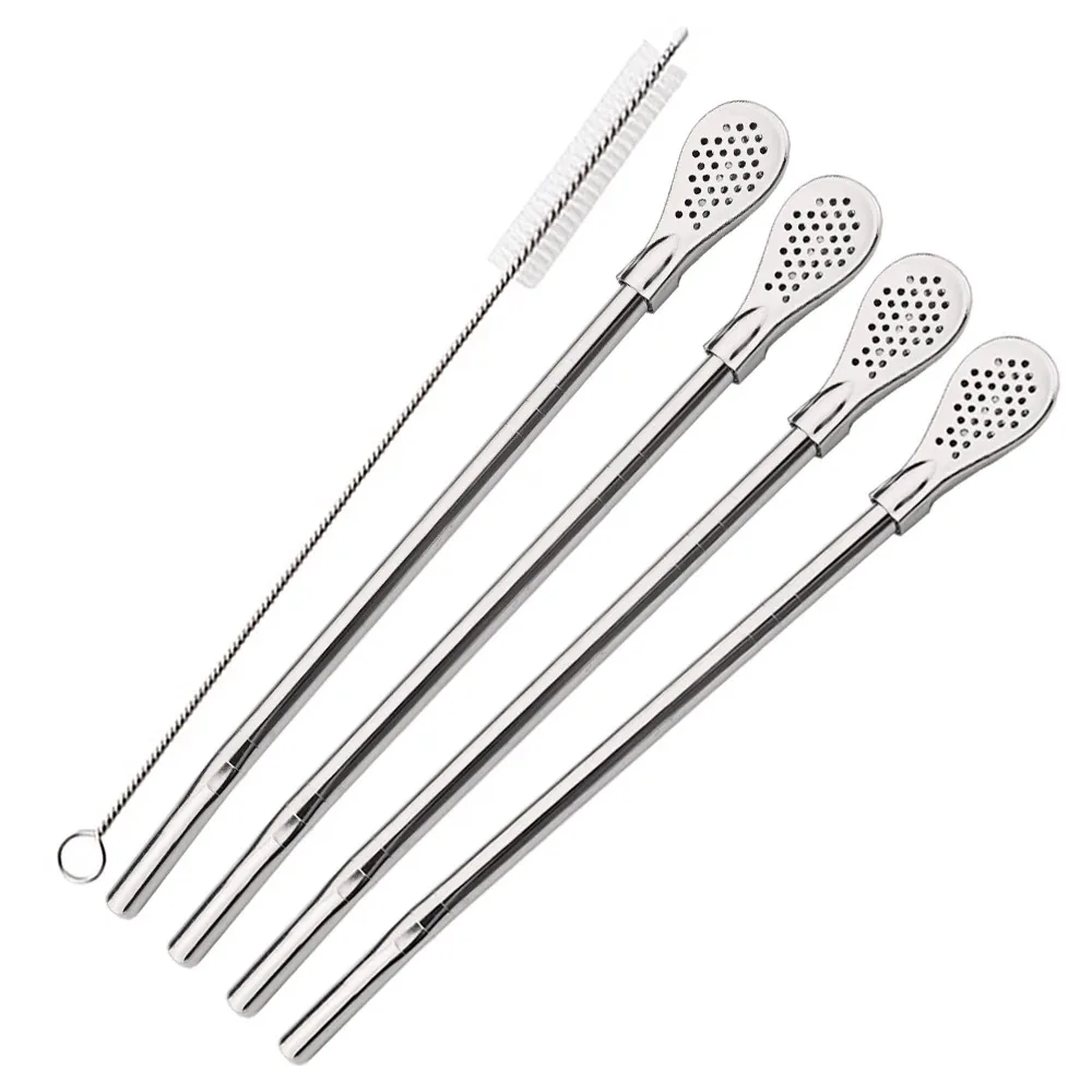 5Pcs/Set Silver Stainless Steel Drinking Straws Washable Reusable Yerba Mate Spoon Filter Straw for Cocktail Bar Accessories