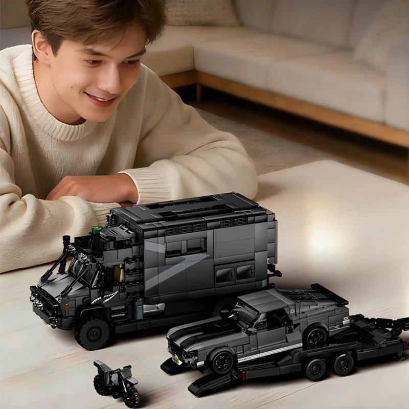 

2092PCS 8-Scale Movie-Inspired Vehicle Duo:Off-Road RV&Muscle Car with Trailer, Detailed Interior & Movable Parts for Adult Fans