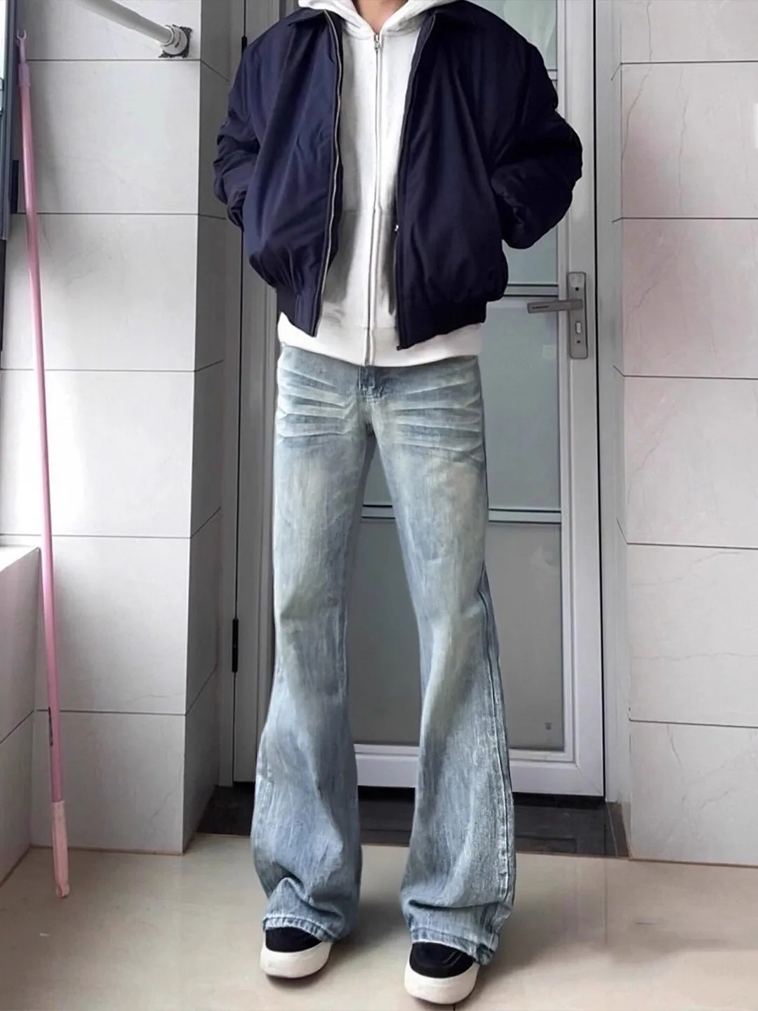 

Blue Bamboo Fiber Fce Lined Men's Jeans High Waist Lift Tummy Micro Flared Pants Straight Leg Loose Fit Casual Wear