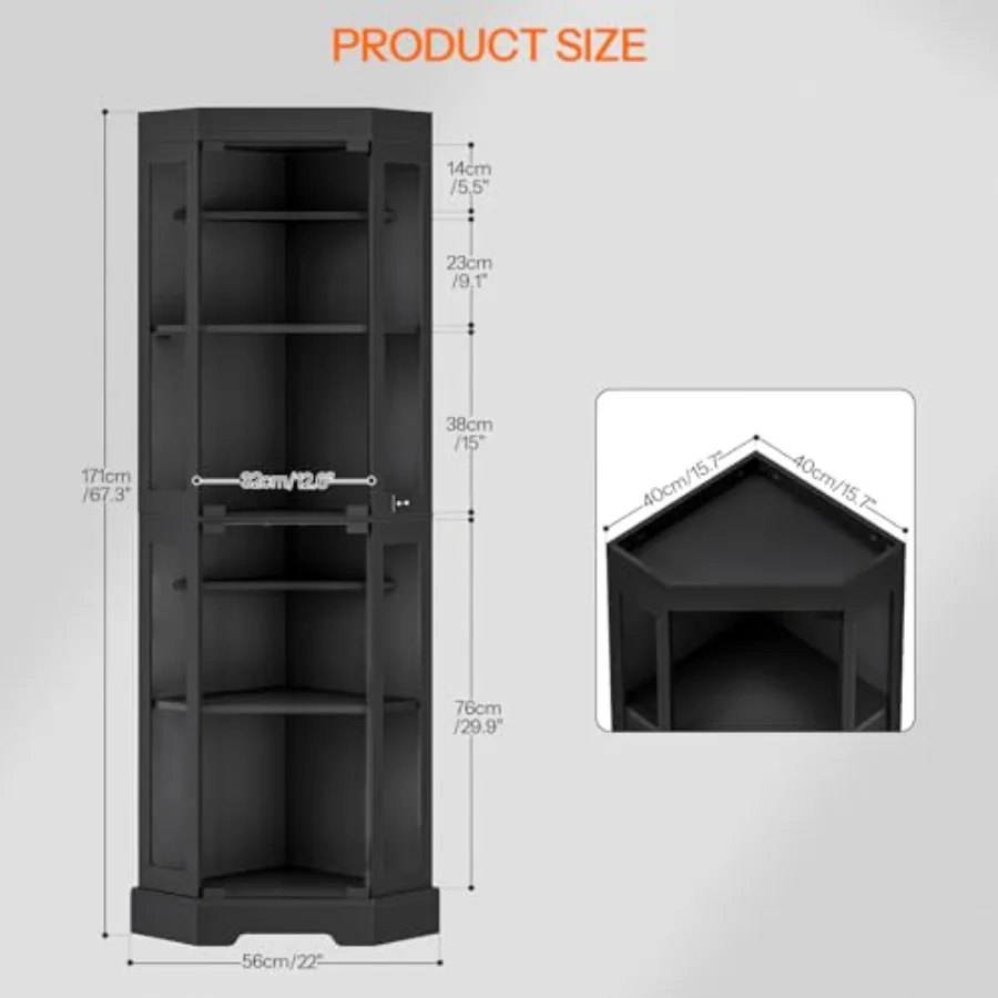 Corner display cabinet with tempered glass doors, black finish, LED lighting, 6-tier modern curio cabinet for collectibles and view 3