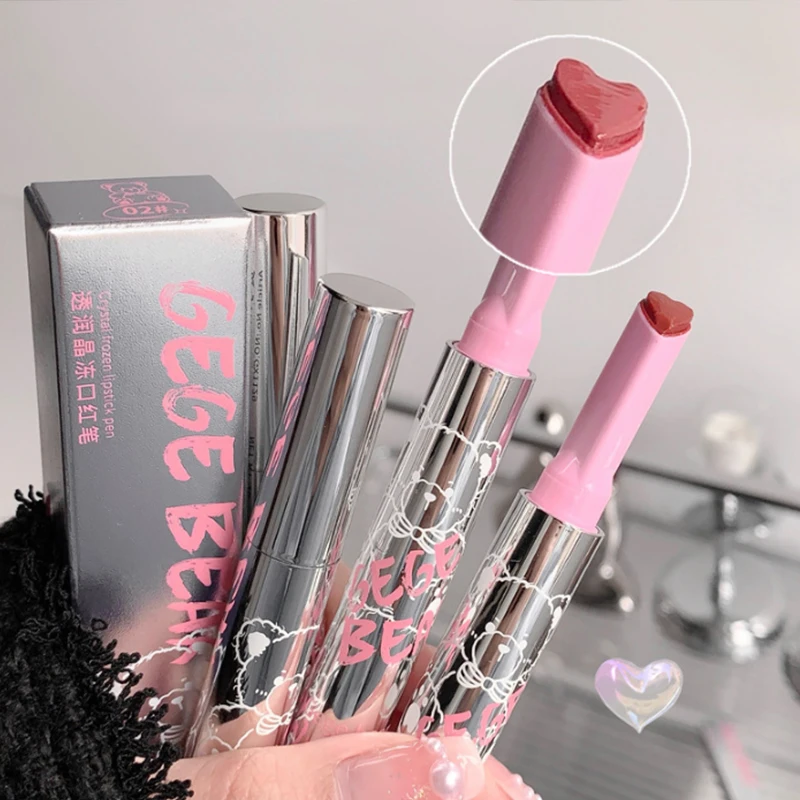 Silver Tube Solid Lip Gloss Clear Glass Texture Lip Tint Reddish Brown Natural Nude Moisturizing Heart-shaped Korean Cosmetics