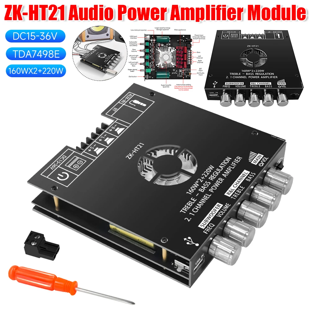 ZK-HT21 TDA7498E DC15-36V 160WX2+220W Audio Power Amplifier Module 2.1 Channel HiFi Bluetooth-Compatible Power Amplifier Module