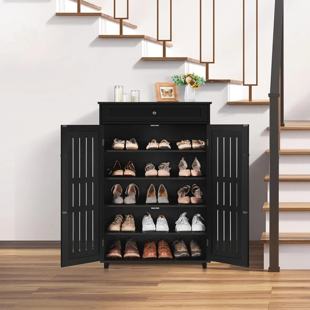 

Shoe Cabinet, 5-Tier Shoes Rack Organizer w/1 Drawer, Freestanding Wooden Shoes Storage Cabinets w/2 Louvered Door, Shoe Cabinet