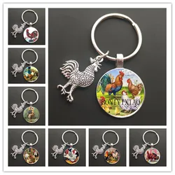 Floral Chicken Rooster Glass Cabochon Keychain Cute Chicken Glass Key Ring Lovely Animal Cock Purse Bag Key Holder for Women