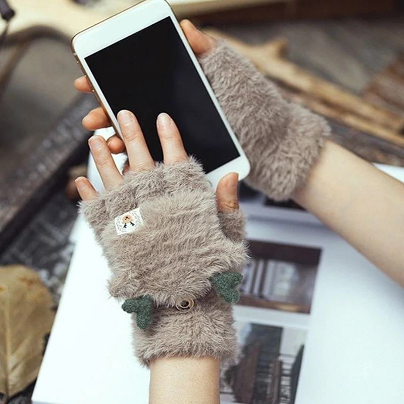 Guantes sin dedos de felpa de ciervo para mujer, manoplas de invierno suaves y cálidas para estudiantes, guantes con tapa, guantes para escribir al aire libre engrosados