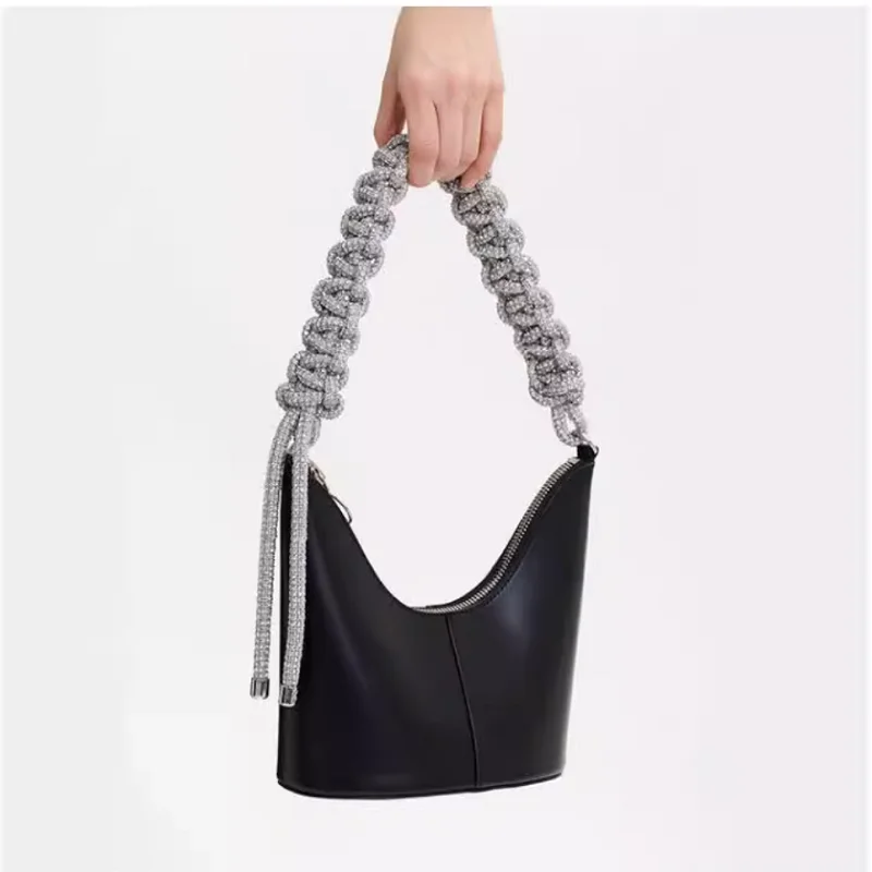 Genuine Leather Bucket Bag Handmade Strap Women's Handbag Glitter Diamonds Evening Bag Wedding Party Clutch Purse Shoulder Bag