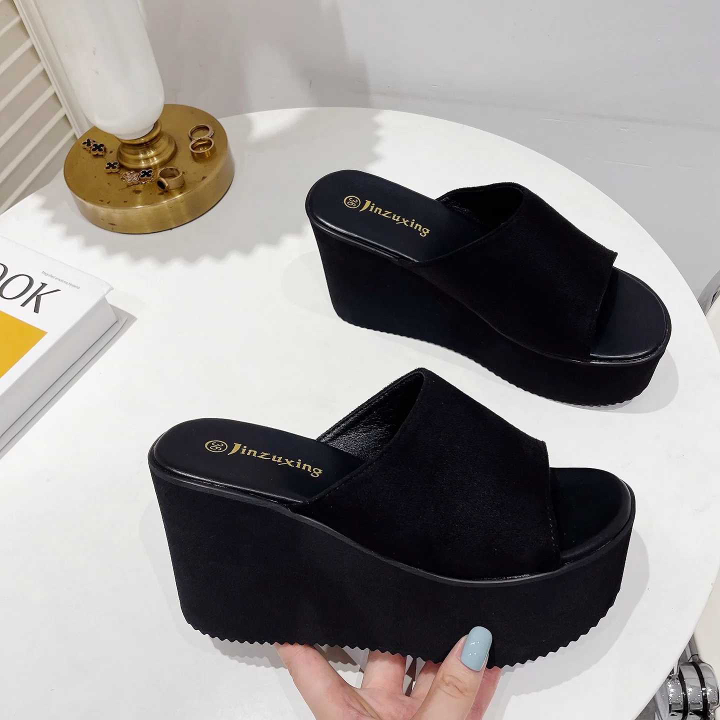 black slippers clogs platform white water heels with rhinestones leather modis slides slates White bling korean PU Super High