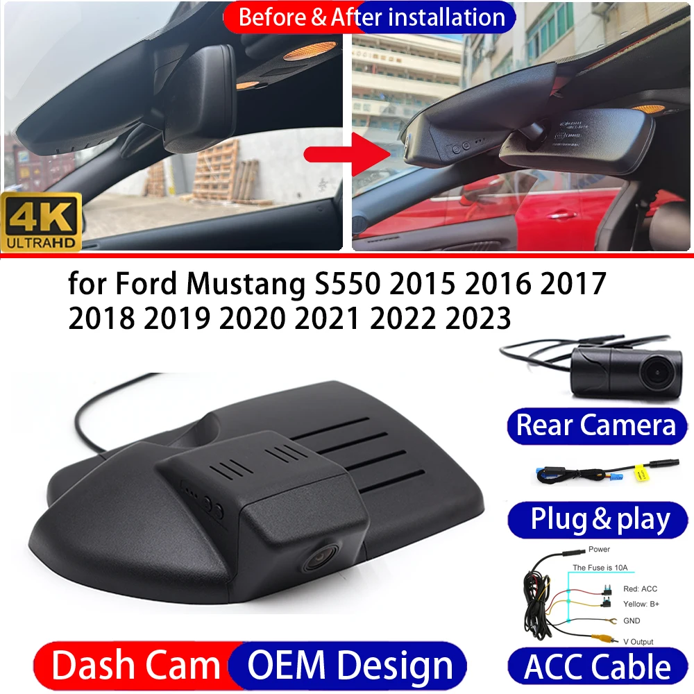Dash Cam for Ford Mustang S550 2015-2023 Front＆Rear 4K UHD DVR Dashboard Camera Video Drive Recorder Night Vision Parking Mode