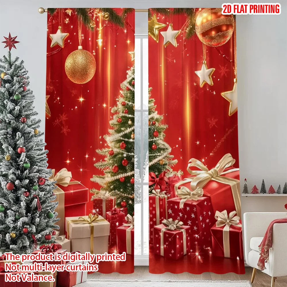 

2pcs 2D flat printing Merry Christmas Drapes Christmas trees and gifts 100% Polyester Without Electricity Spring Party & Holiday