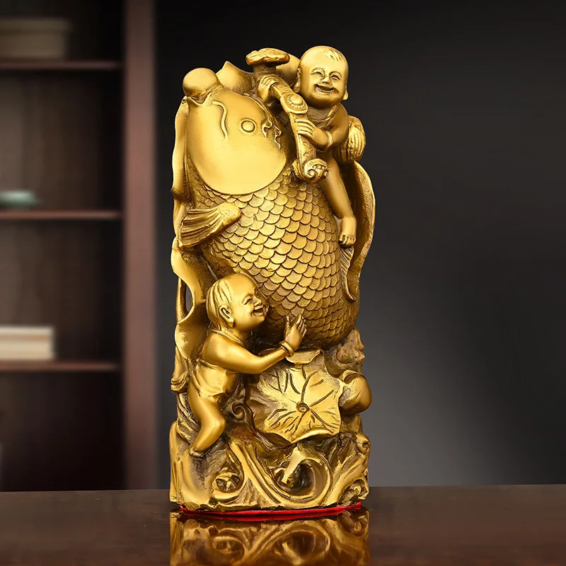 The child playing with fish ornament is made of pure copper, featuring the Five Sons Passing the Imperial Examination theme, dep