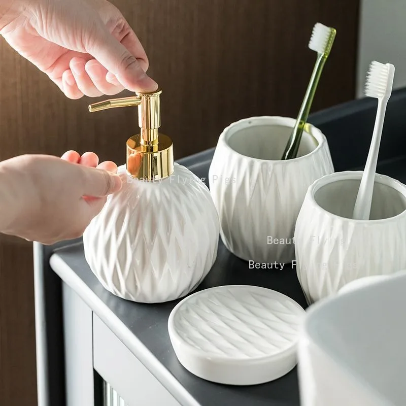 

Ceramic Bathroom Wash Set Hotel Toiletries Set Lotion Bottle Soap Storage Tray Toothbrush Cup Household Bathroom Products