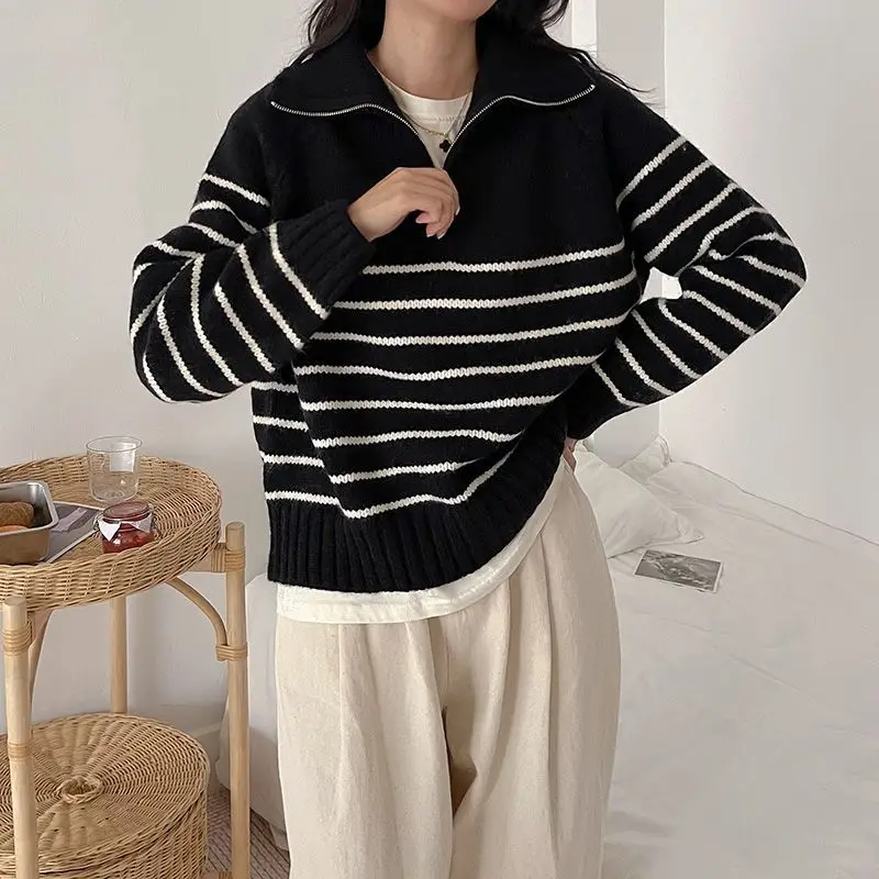 خريف شتاء نمط جديد الحرير الجليد بولو الرقبة سترة قصيرة فضفاضة المرأة نصف سستة مخطط تريكو عادية متعددة الاستخدامات #3