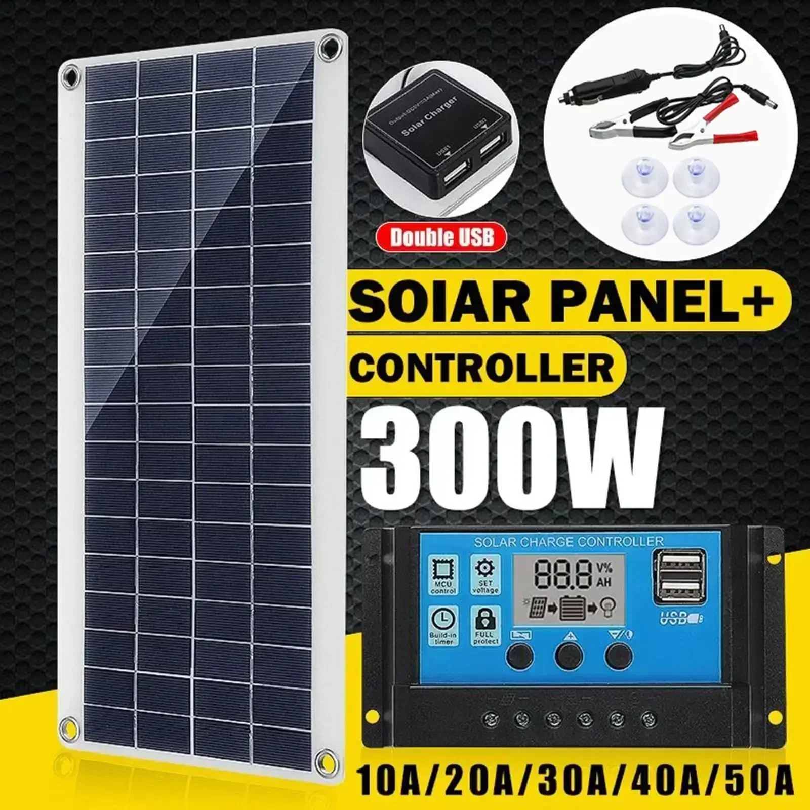 BMAD-Solar Panel with Controller Solar Cell Plate Kit for Phone RV Car Caravan Home Camping Outdoor Battery 300W 12V 10A-60A