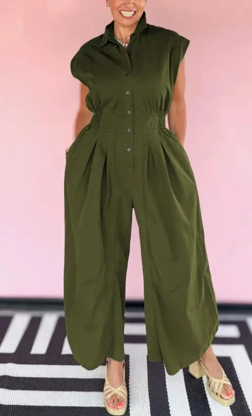 

New Fashion 2025 Elegant Casual Commuting Lapel Sleeveless Button Down Workwear with Pockets and Jumpsuit