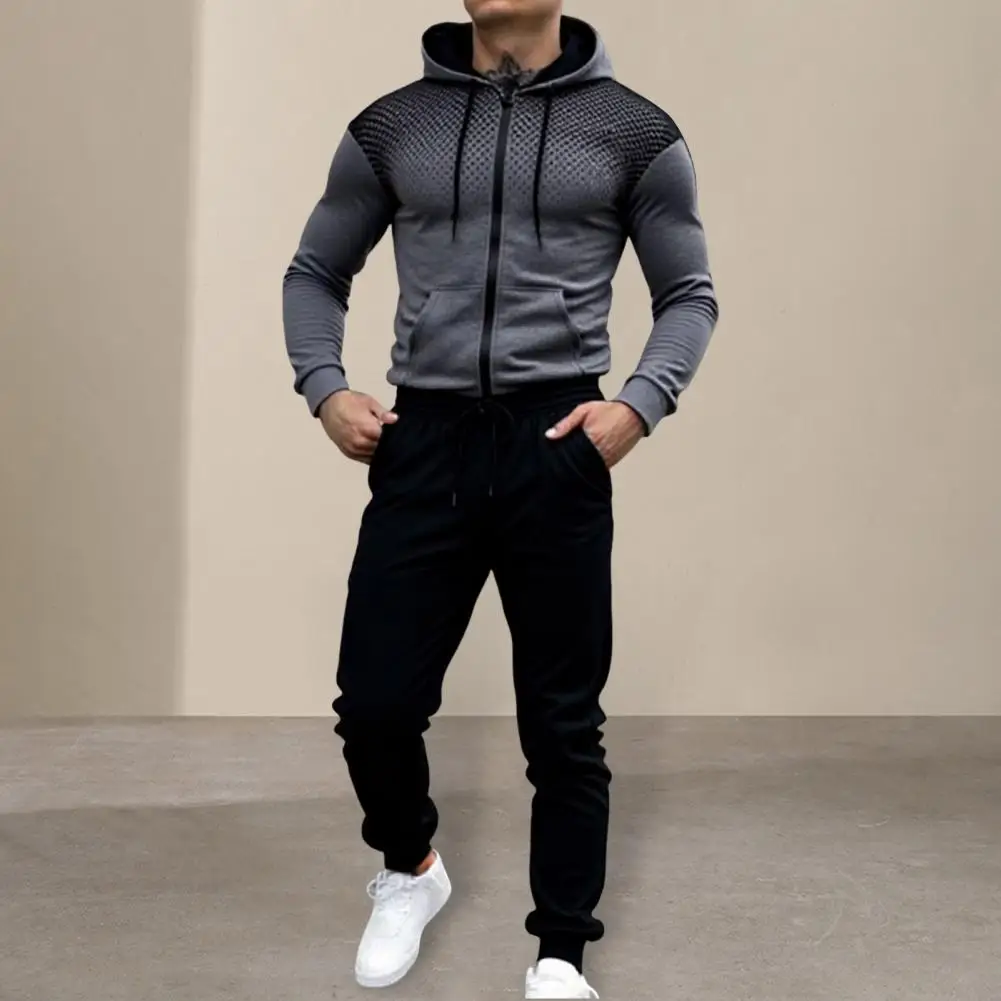 

2Pcs/Set Men Sports Suit Drawstring Hooded Long Sleeve Tops Elastic Waist Trousers Set Fitness Outfit Exercise Casual Wear
