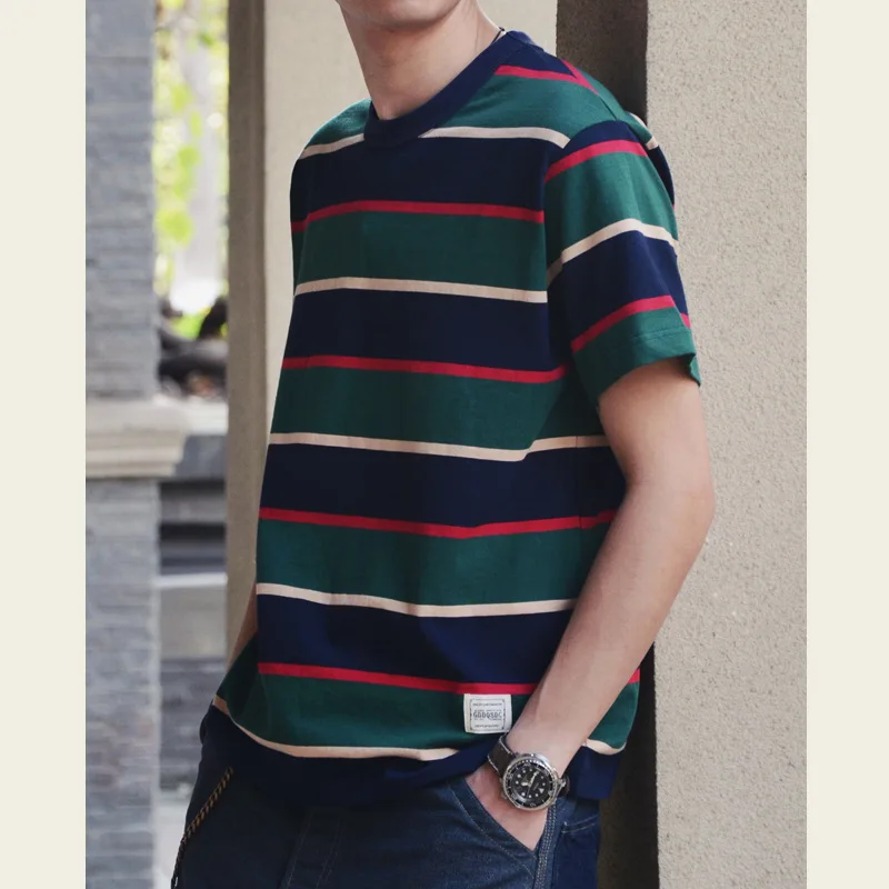 Ami Kaji Pure Cotton Round Neck American Retro Casual Versatile Horizontal Striped Short Sleeve T Summer Cotton