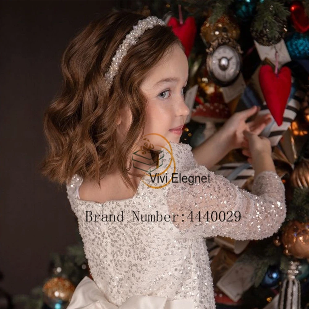 Ivory Scoop Flower Girls abiti con paillettes 2023 manica intera nuovi abiti natalizi Tutu con fiocco grande pumnopinas inspection p49pevypt estate