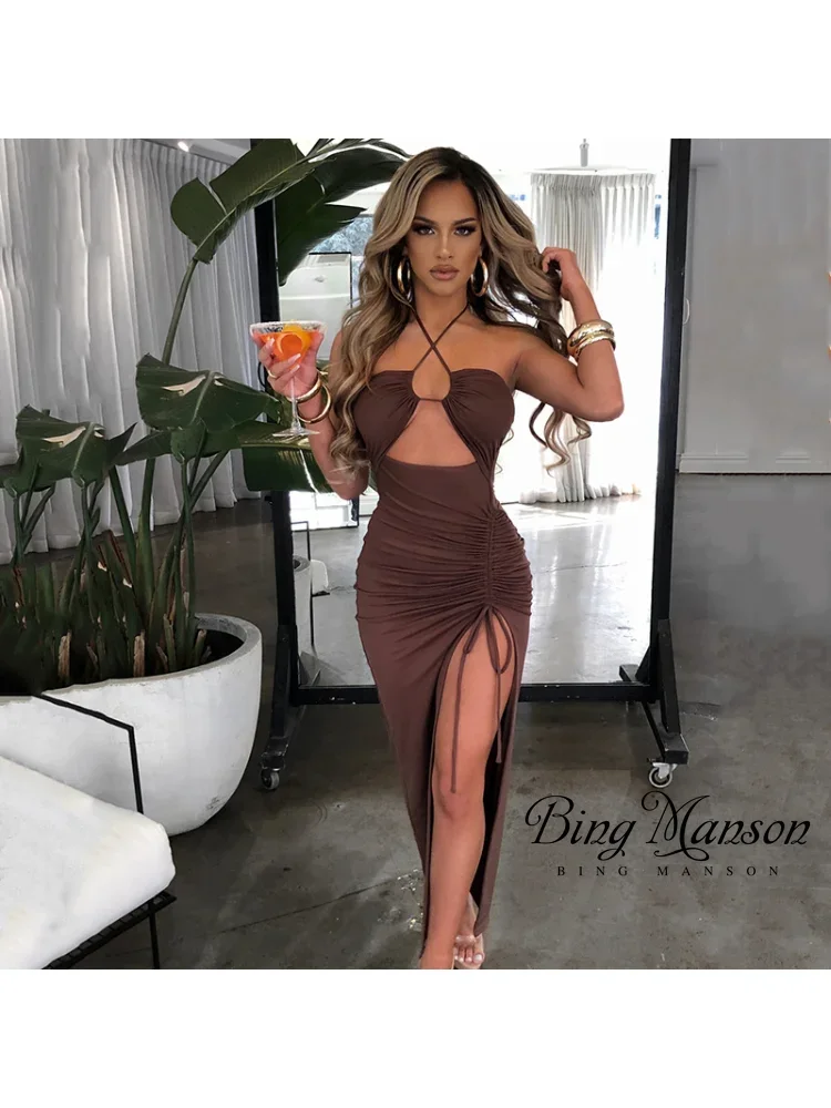 

Sexy Women's High Split Wrinkle Hanging Neck Show Chest Long Dress Sleeveless Midi Open Back Slim Fit Nightclub Party Dress