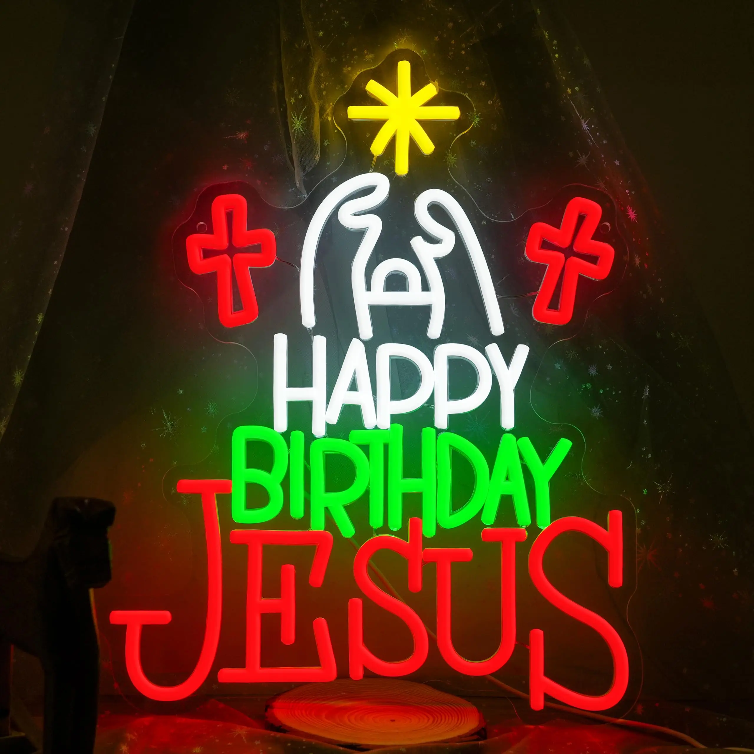 クリスマスデコレーション用ハッピーバースデーイエスネオンサイン、教会、自宅、キリスト降誕シーン、ホリデーギフト用の調光可能なクロスネオンライトサイン