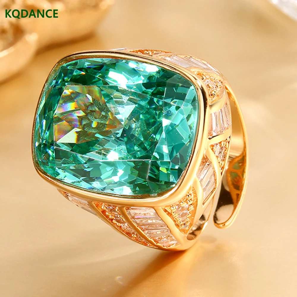 KQDANCE Radiant Cut 15*20 mm Created Paraiba Green Sapphire Blue Ruby Red Pink Gemstone Rings Rose Gold Plated Stone Jewelry