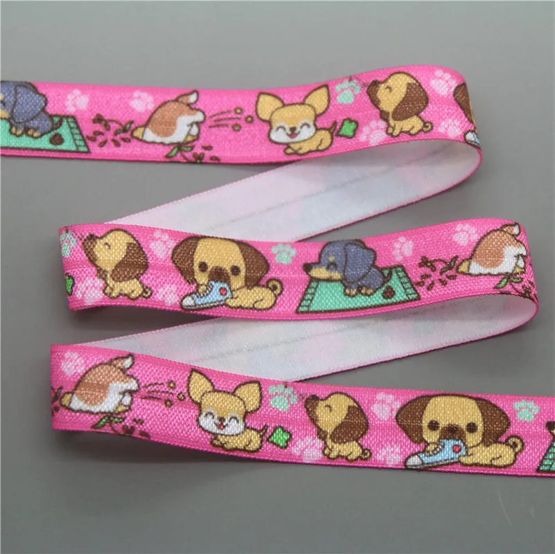 DHK 5/8\'\' 5yards Dog Cat Paw Bone Printed Fold Elastic FOE Stretch Ribbon Hairbow Headwear Accessories Craft DIY Sewing C2006