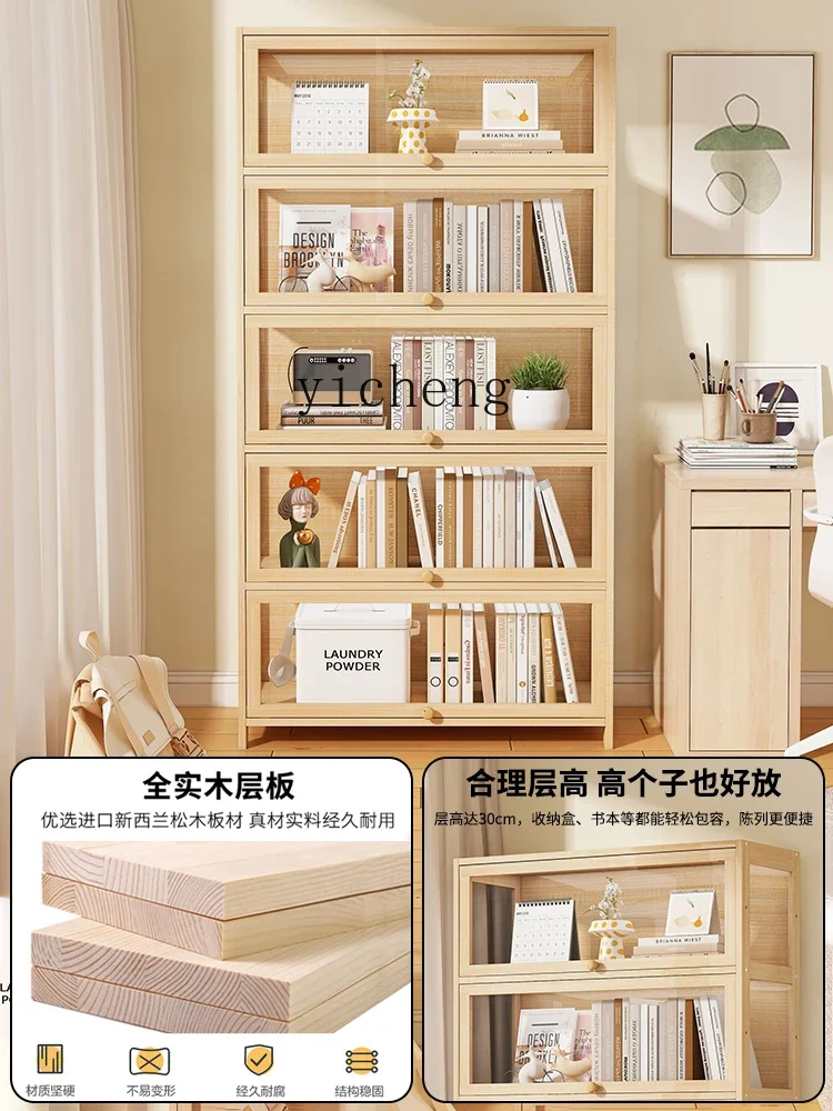 ZZk Bookshelf Floor Shelf Solid Wood Bookcase Acrylic with Door Dustproof Children Storage Cabinet