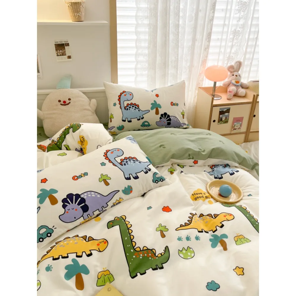 Cartoon Dinosaur Cotton Duvet Cover 3pcs Reversible Bedding Set Colorful Dino Comforter Cover Kids Quilt Cover with 2 Pillowcase