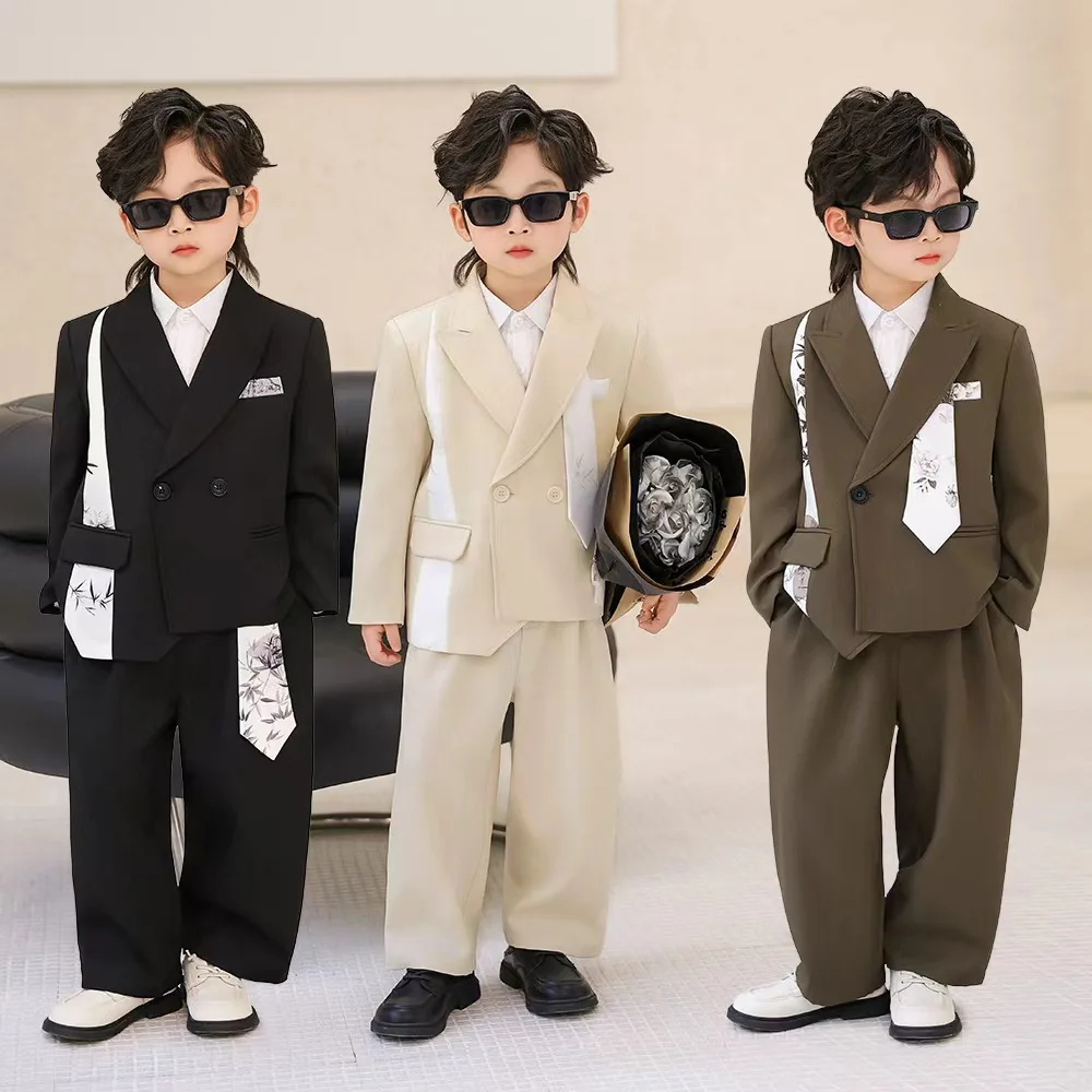 Gentleman Kids Formal Suit Set Flower Boys Wedding Dress Children's  Piano Host Speech Performance Costume