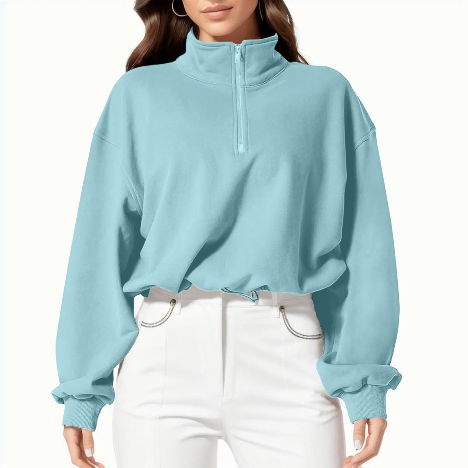 

Half Zip Crop Top Women Solid Color Pullover Sweatshirt Workout High Neck Long Sleeve Athletic Streetwear Clothes Hoodies