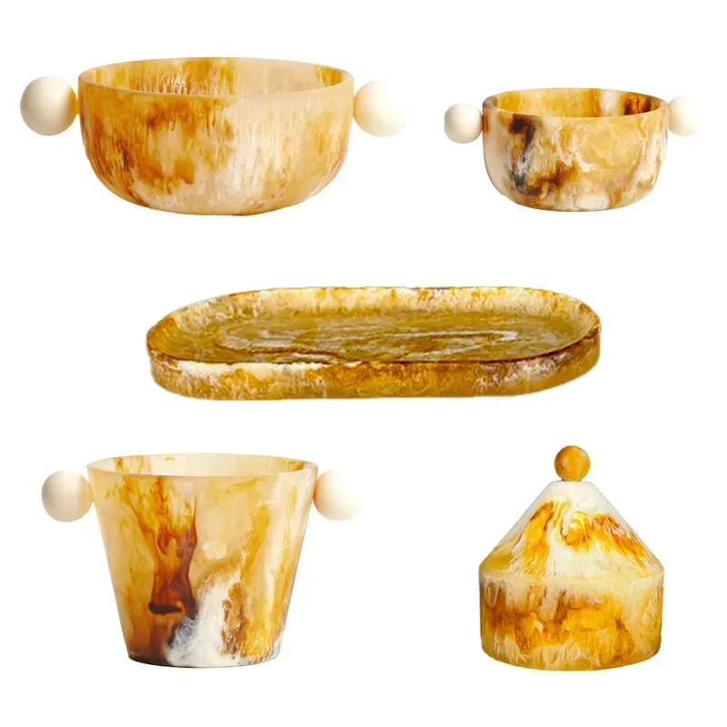 Light luxury amber spherical handle decorative bowl long oval tray