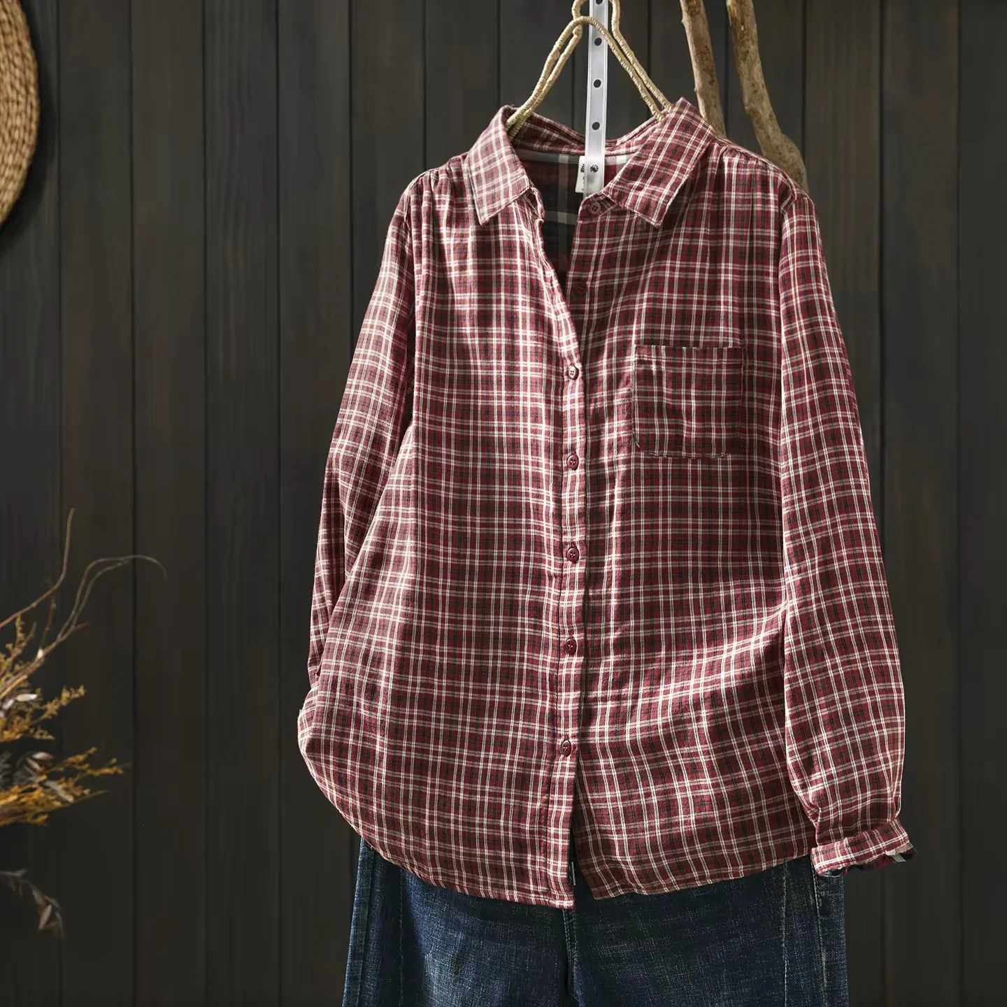 

Women's Cotton Yarn Red Plaid Long Sleeve Button Down Shirt Japanese Style Blouse with Chest Pocket Vintage Casual Oversized