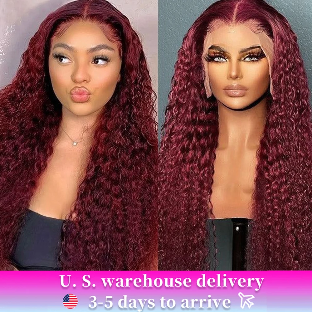 30-40inch Long Deep Wave Lace Frontal Wigs 99J Burgundy Curly Deep Wave Lace Frontal Human Hair Wigs For Black Women 210Density