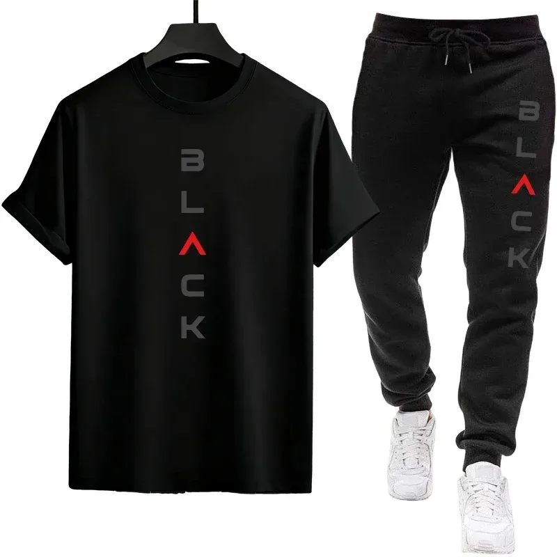 

Black Letter Print Mens Tracksuit T-shirt + Pants Urban Causal Sports Outfit Male Spring Summer Home Outdoor Comfort Tees Set