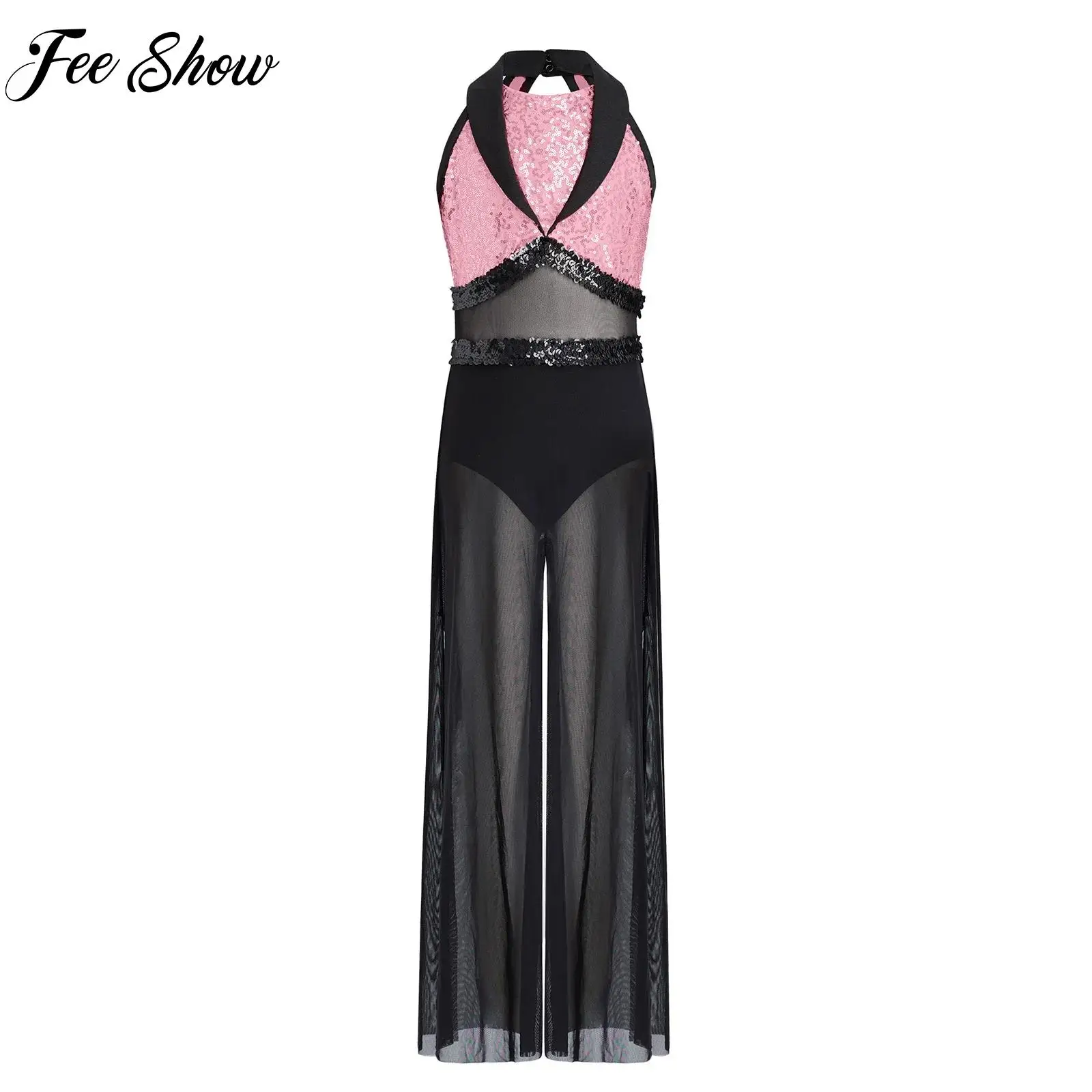 

Kids Girls Shiny Sequin Gymnastics Ballet Leotards Dress Lyrical Dance Performance Costume Mesh Wide-leg Bodysuit Jumpsuit