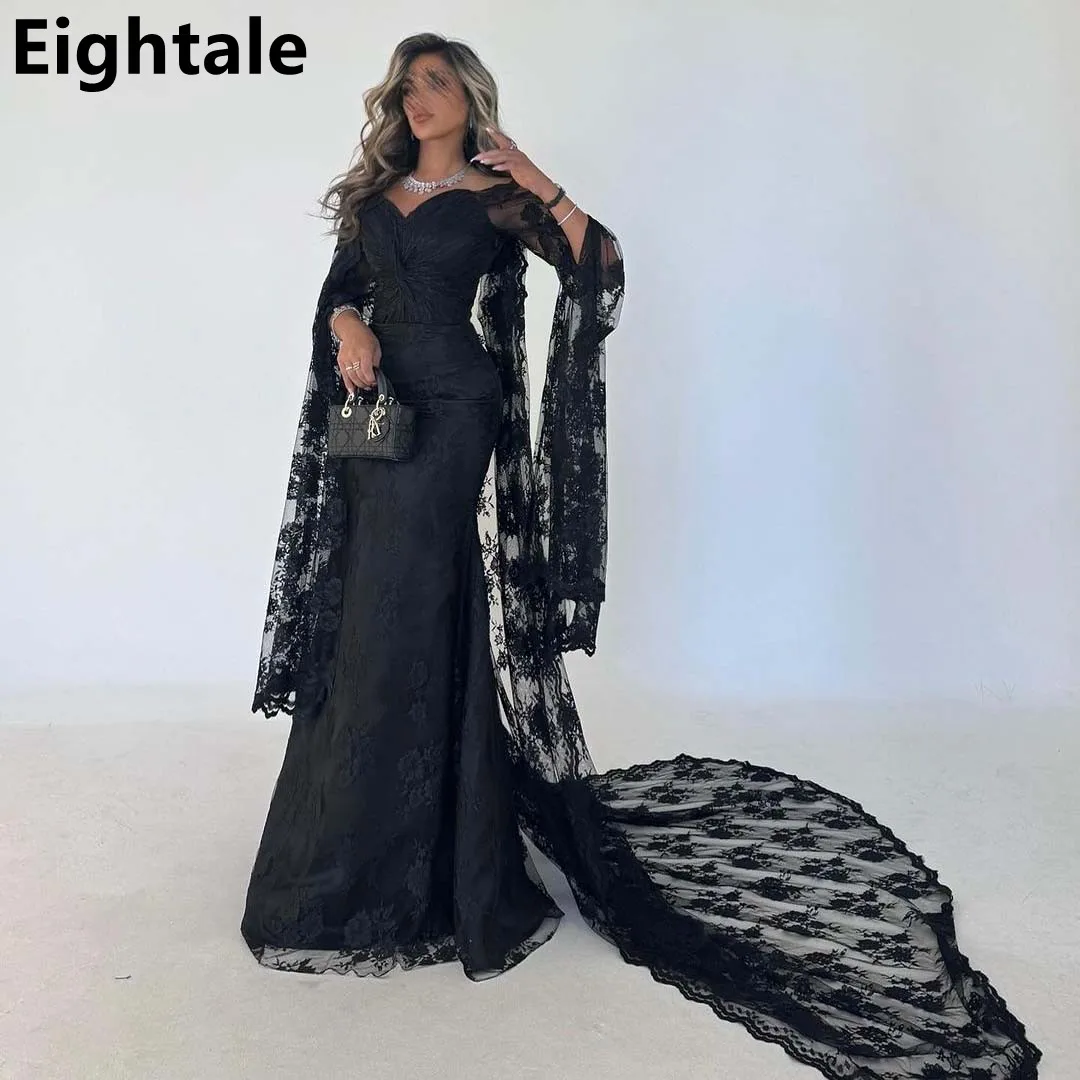 Eightale Elegant Black Lace Flare Sleeve Evening Dress Off Shoulder Mermaid Saudi Prom Party Dress Women Dubai Formal Dress