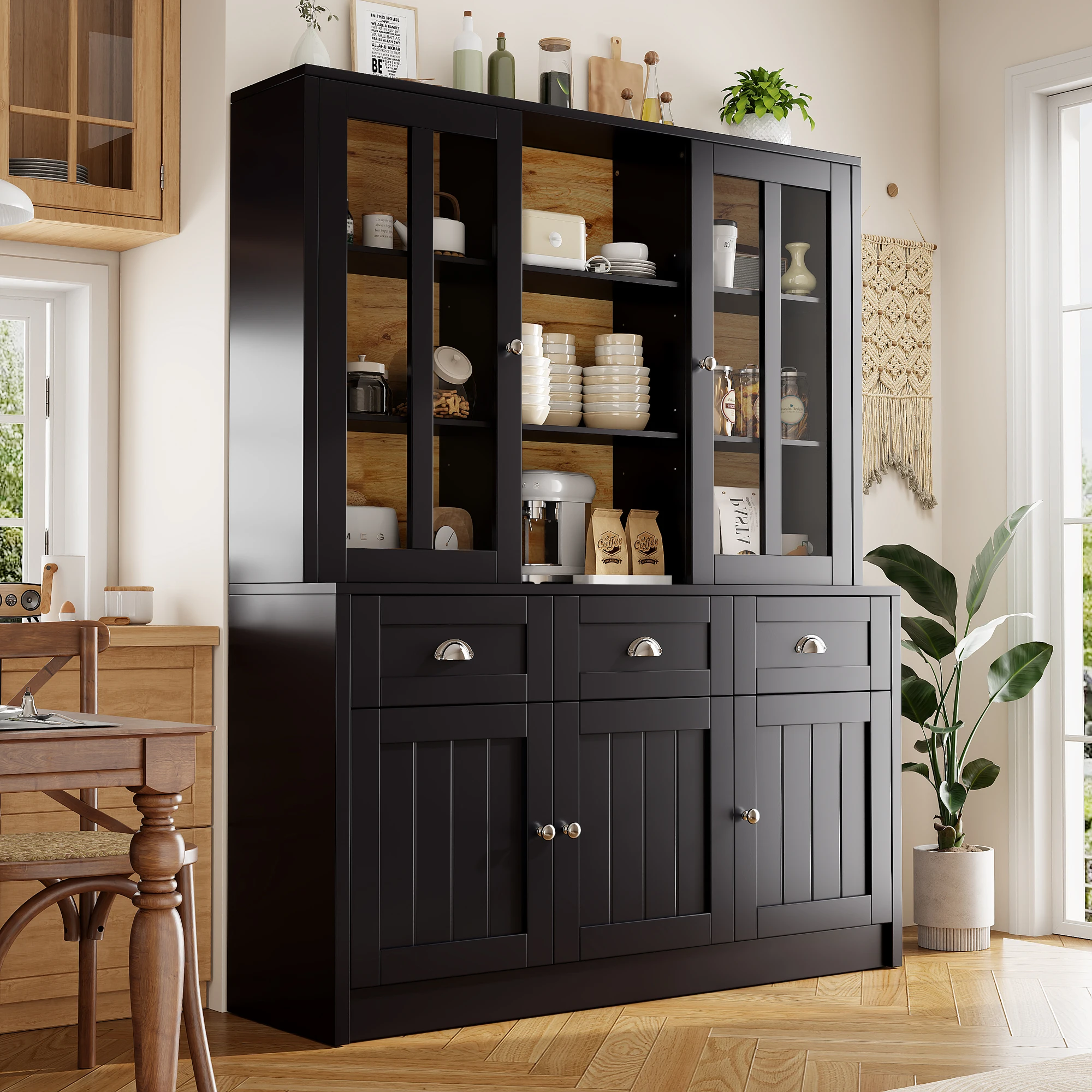 Buffet moderne avec portes vitrées et meuble de rangement, MDF et acrylique, 140x38.5x175 cm, Noir