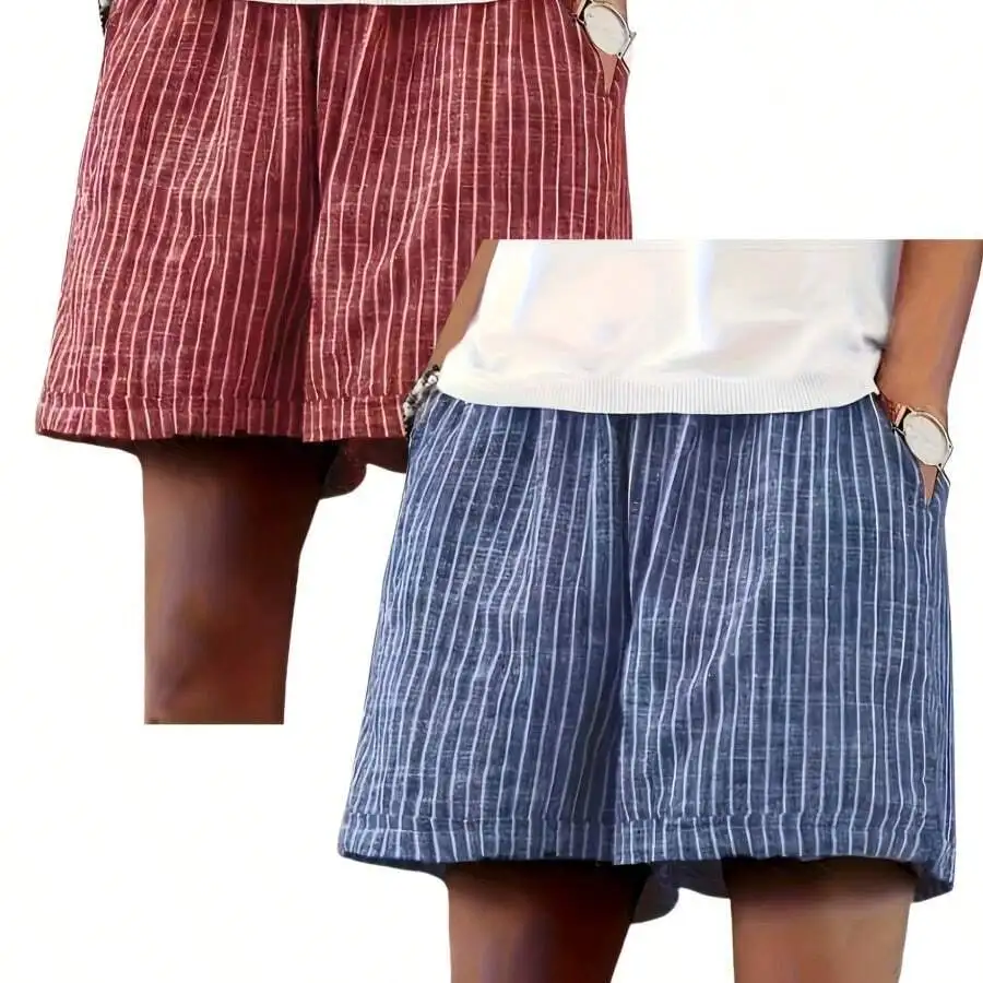 

Womens Striped Wide-Leg Shorts With Pockets, Elastic Waist Casual Summer Two-Piece Set