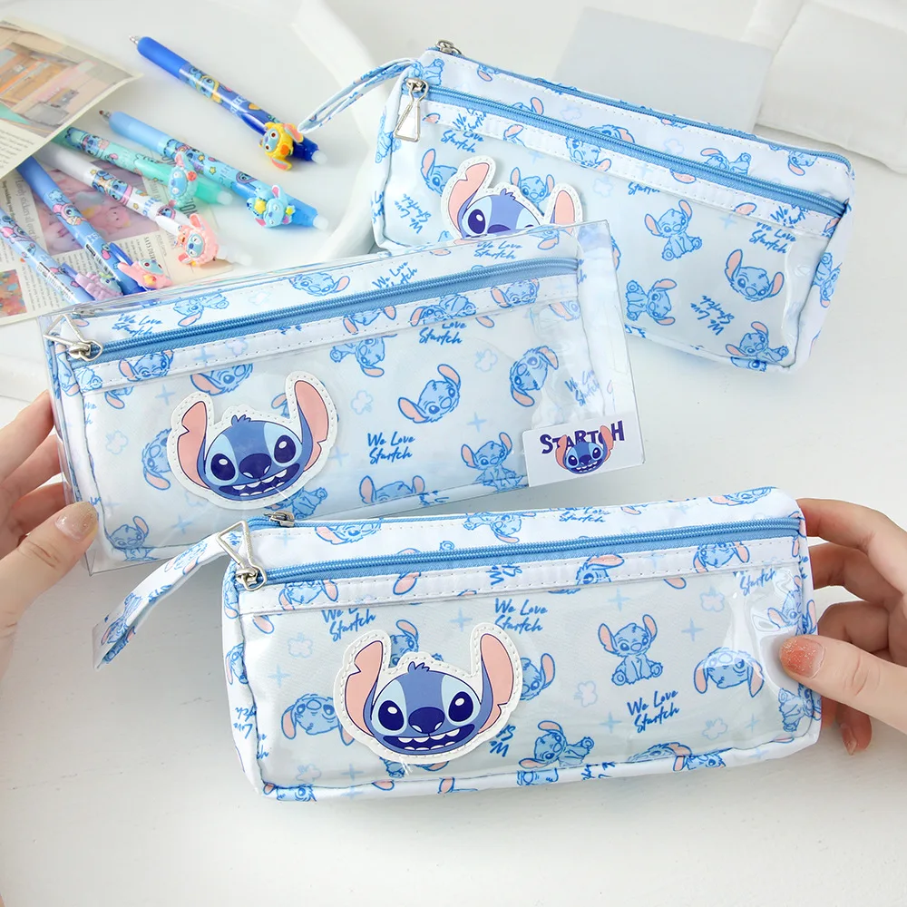 Bolsa para bolígrafos Lilo & Stitch de dibujos animados, bolsa de papelería de gran capacidad de tres capas, organizador de papelería a prueba de suciedad, regalos para escuela y oficina